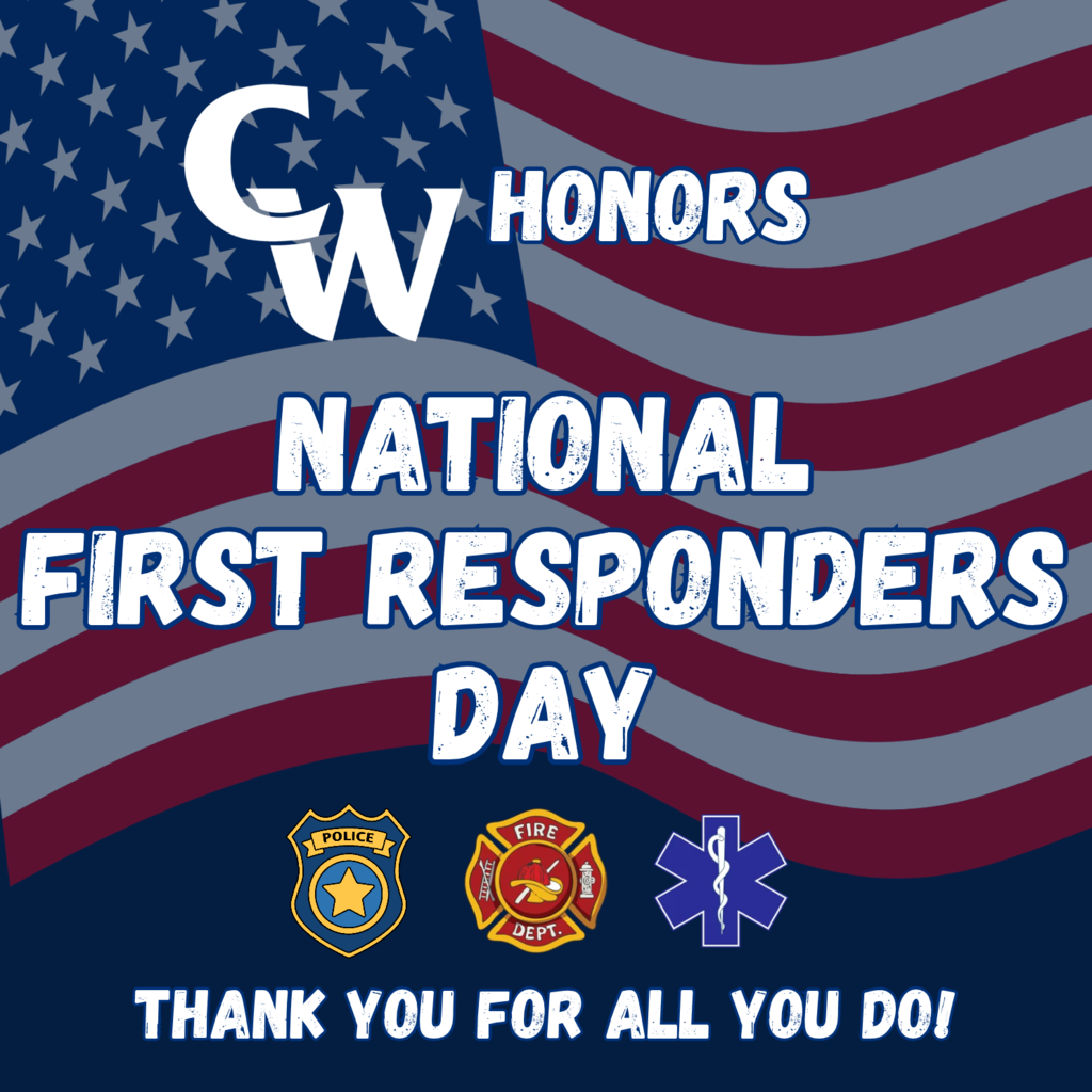 honoring first responders; USA flag in the background and police, fire and EMT logos at the bottom