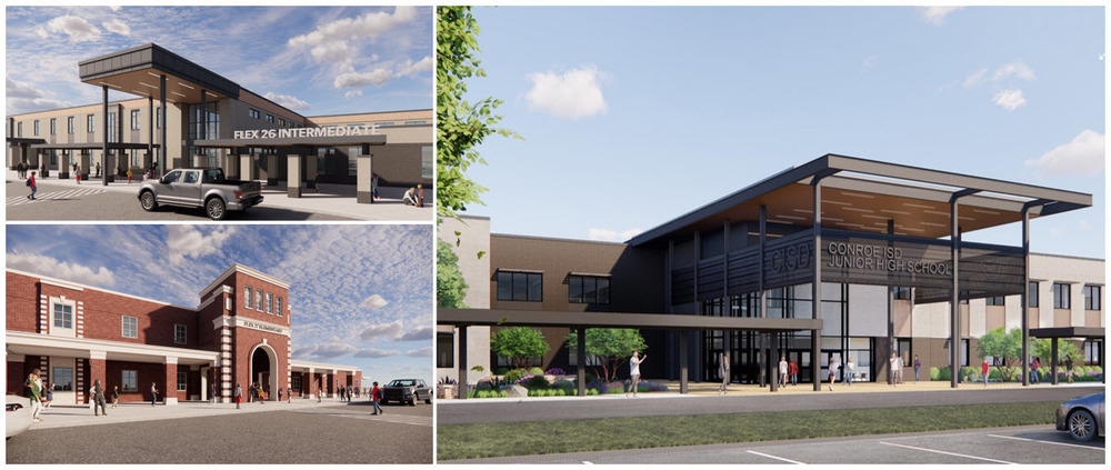 three images of school buildings