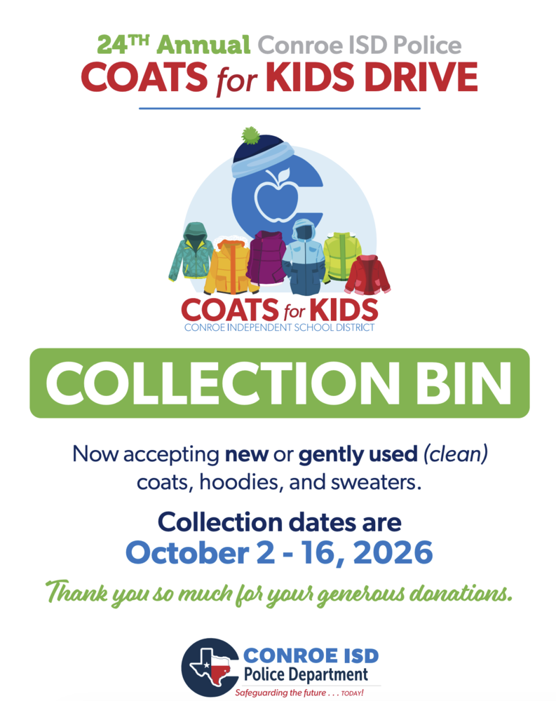 Coats for Kids-24th Annual CISD Police Dept Coat Drive Beginning on Friday, October 2nd, Cryar will begin collecting new or gently used (clean) coats, hoodies and sweaters for the CISD Police Department in their 24th annual "Coats for Kids Drive. You may drop off coats in the front office or let us know in the morning car rider line that you have some to donate. Reminder: only coats, sweaters or hoodies will be accepted for donation. Thank you in advance for your participation.