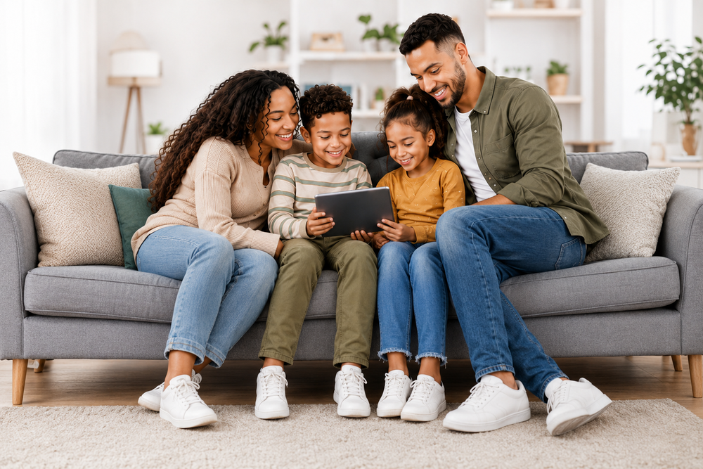 A family of four sits closely together on a gray couch, smiling and looking at a tablet together in a bright, cozy living room.
