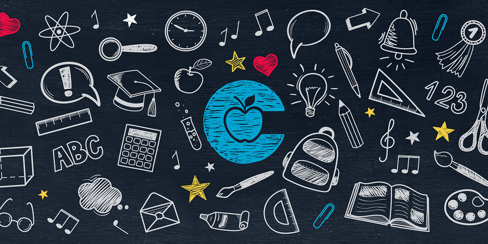 Conroe ISD logo and school supplies on a chalkboard