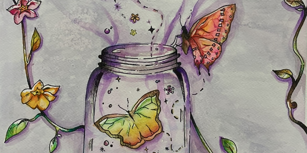 Glass jar with butterflies art