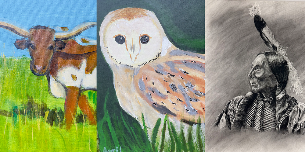Painting of a longhorn, a barn owl and a Native American.