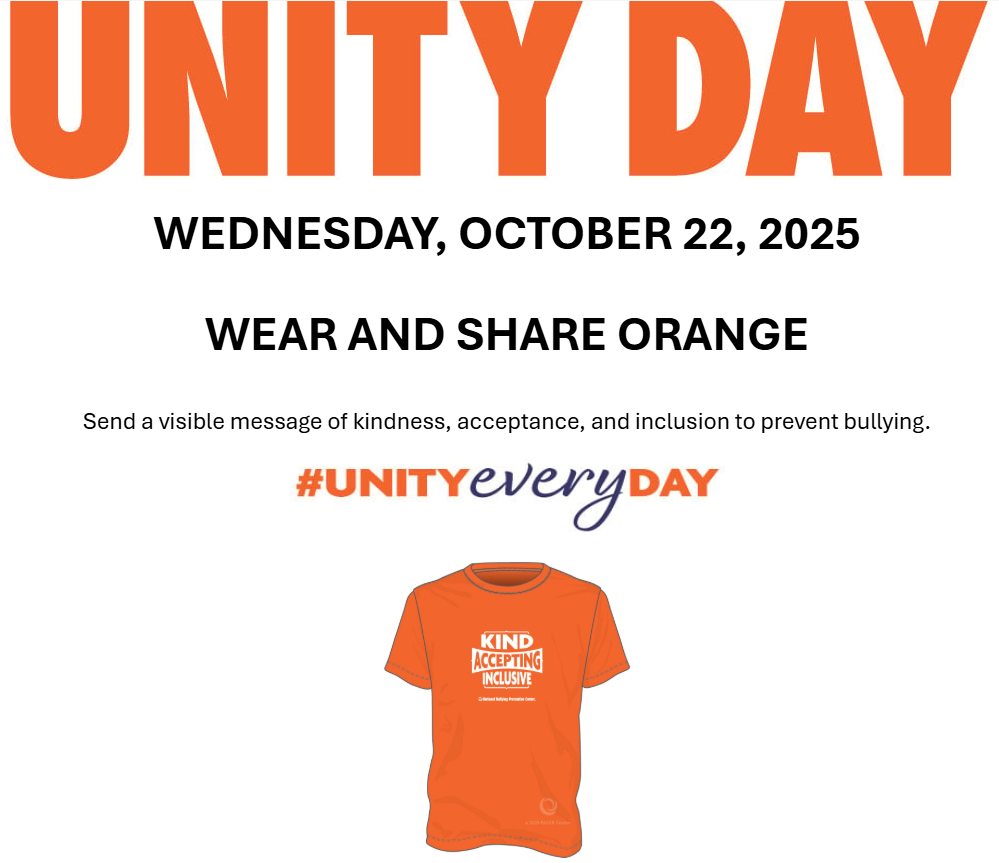 Unity Day is the signature event of National Bullying Prevention Month. This is a day when we can come together to send a visible message of building commUNITY through kindness, acceptance, and inclusion. The call to action is simple: wear and share the color orange. This vibrant statement becomes a conversation starter, showing support for students who have been bullied and for bullying prevention.
