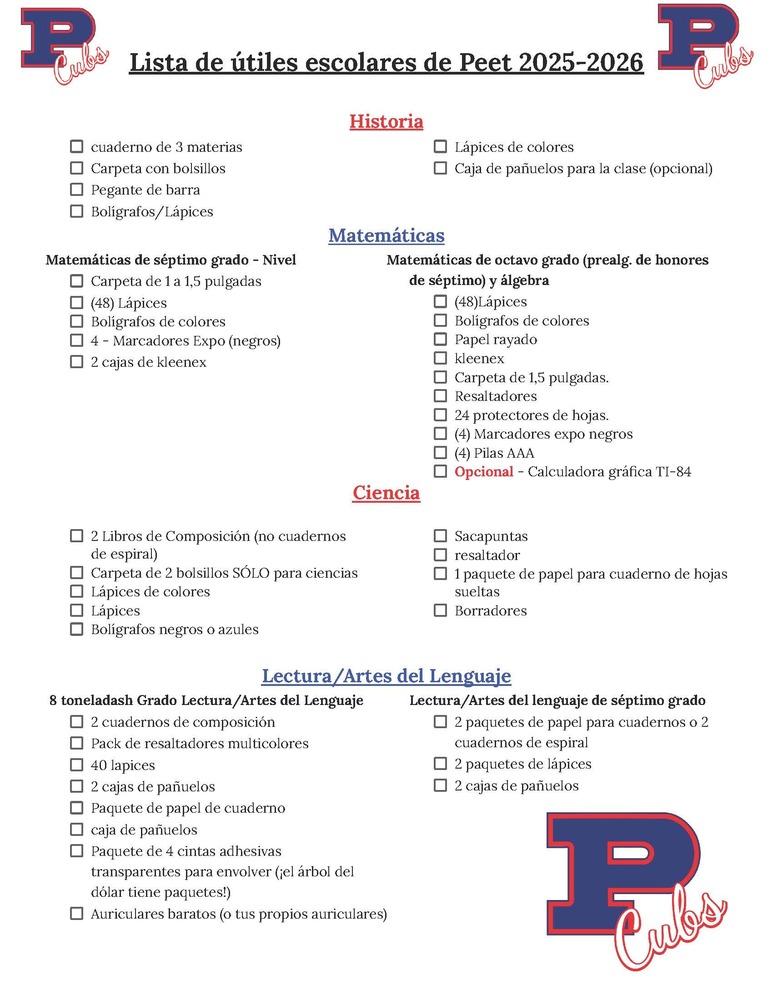 Supply List Spanish
