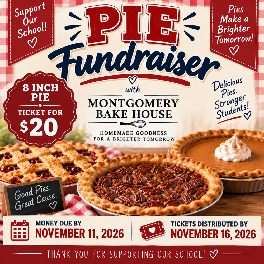 A retro-themed school flyer advertising a "Pie Fundraiser" in collaboration with Montgomery Bake House. The background features a classic red and white gingham tablecloth pattern. At the top center, the bold text reads "PIE FUNDRAISER" with "PIE" in large red block letters and "Fundraiser" in a dark blue cursive script.  Key Details & Text Elements  • Top Left Ribbon: Red banner that says "Support Our School!" with a small white heart. • Top Right Ribbon: Red banner that says "Pies Make a Brighter Tomorrow!" with a small white heart. • Center Badge: A red scallop-edged badge on the left states "8 INCH PIE - TICKET FOR $20". • Center Text: "with MONTGOMERY BAKE HOUSE" followed by a small whisk graphic and the tagline "HOMEMADE GOODNESS FOR A BRIGHTER TOMORROW." • Right Side Text: Blue handwritten-style script reads "Delicious Pies. Stronger Students!" with a heart symbol.  Image Centerpieces  Three baked pies are displayed on a wooden surface: • Left: A cherry pie with a golden lattice-crust pattern, sitting behind a small chalkboard sign that reads "Good Pies. Great Cause." with a drawn heart. • Middle: A pecan pie heavily topped with whole pecans and a crimped crust. • Right: A smooth pumpkin pie topped with a large dollop of whipped cream and a dusting of cinnamon.  Bottom Banner  A dark red banner at the bottom contains crucial dates and a thank-you message: • Left Side: A calendar icon followed by "MONEY DUE BY NOVEMBER 11, 2026". • Right Side: A ticket icon followed by "TICKETS DISTRIBUTED BY NOVEMBER 16, 2026". • Footer: White text reading "THANK YOU FOR SUPPORTING OUR SCHOOL! ♡" centered at the very bottom.
