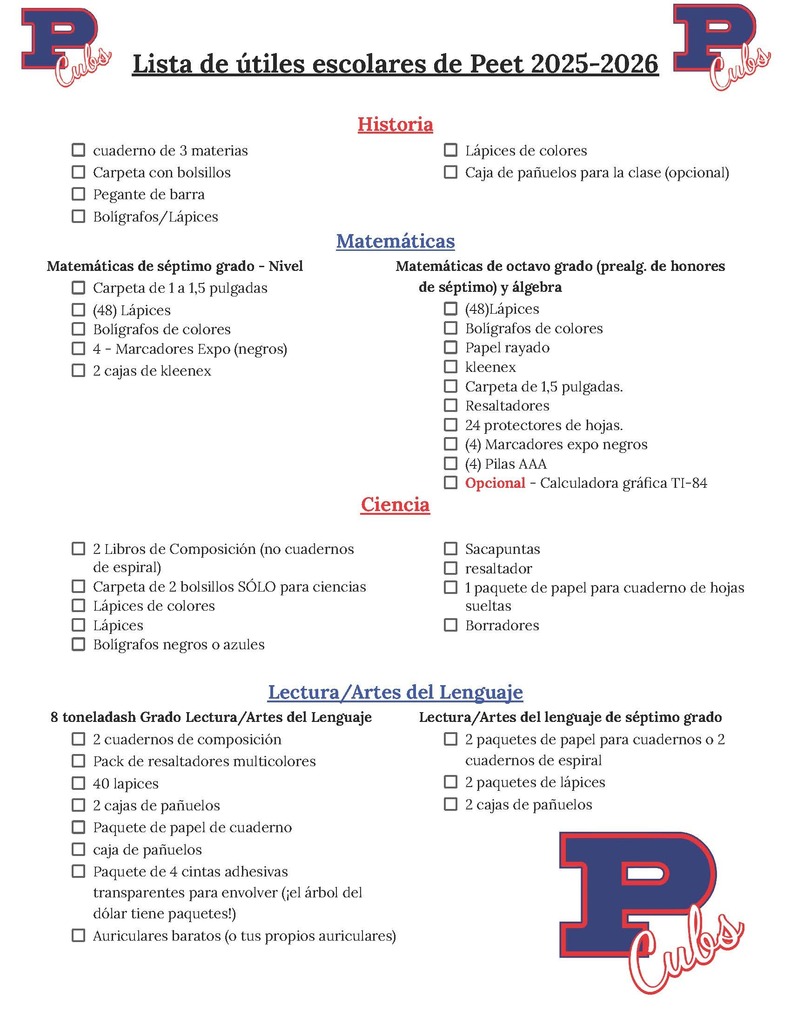 Supply List Spanish