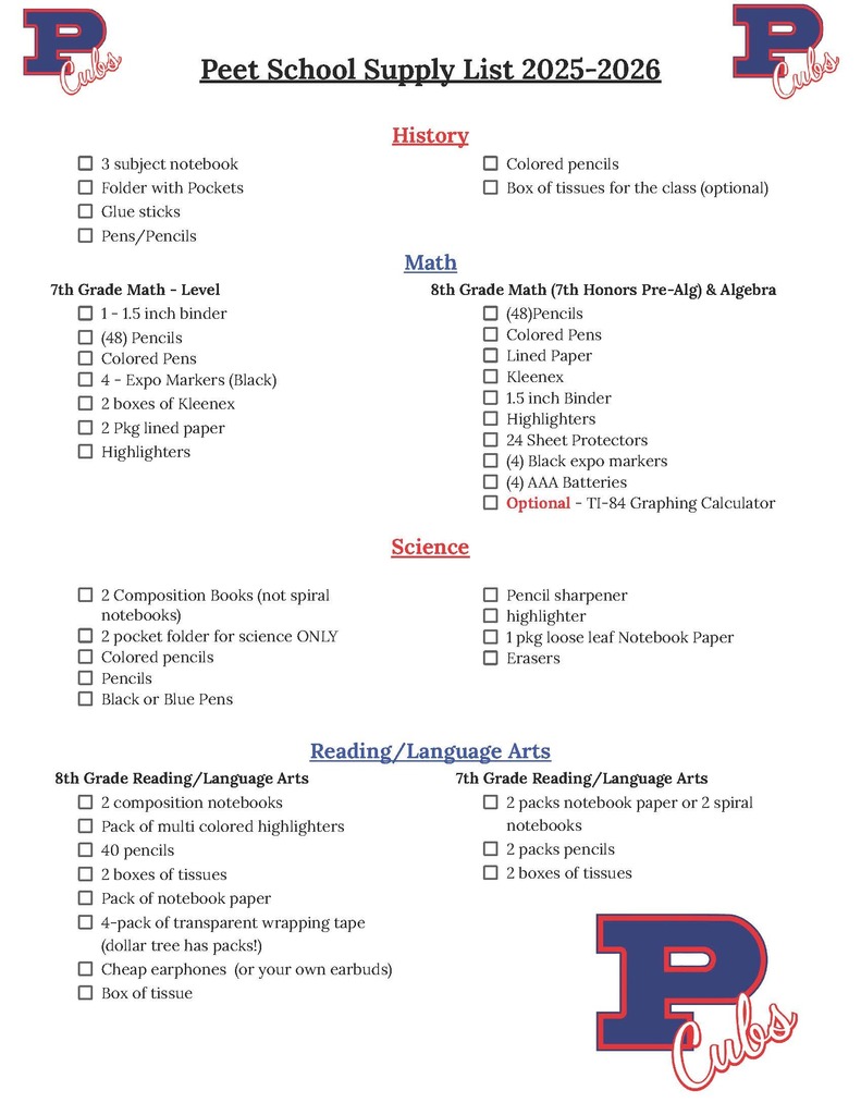 Supply List English