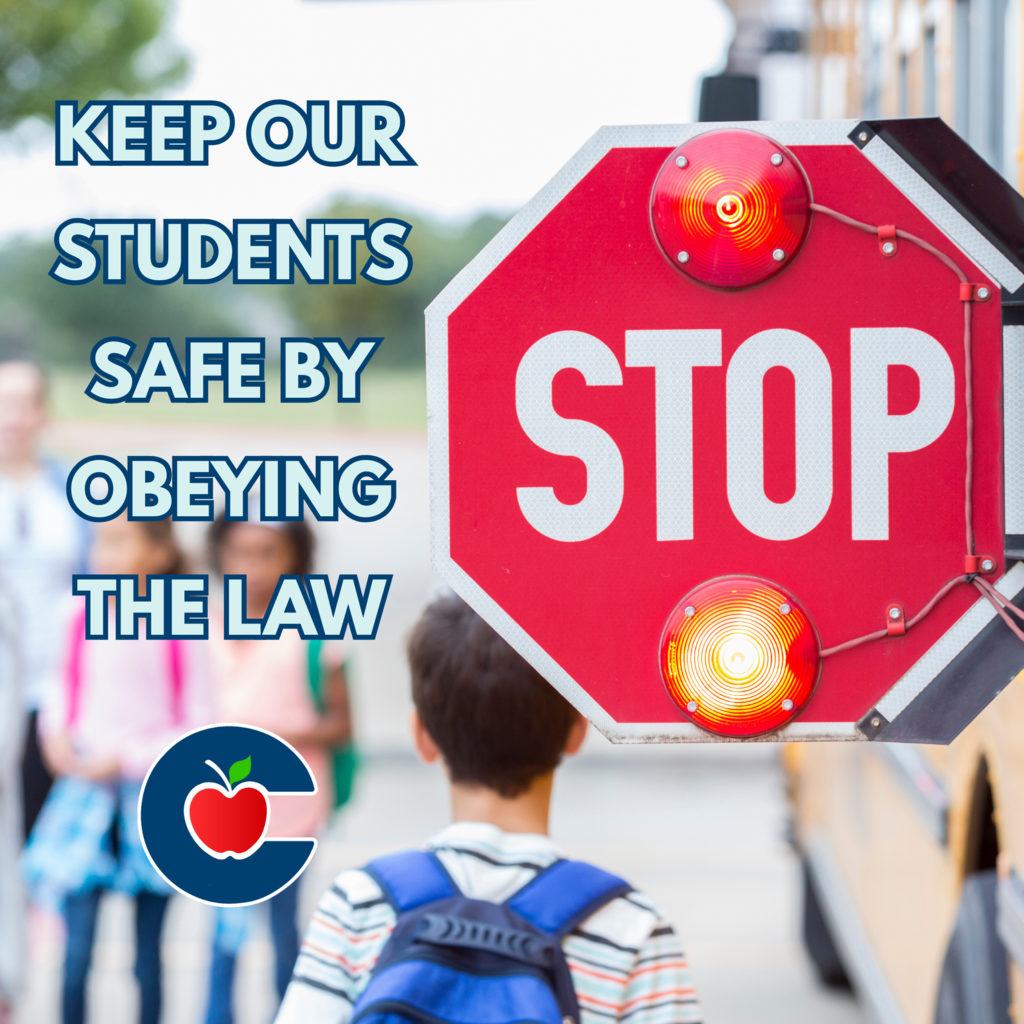 Keep our students safe by obeying the law. Flashing red stop sign on a school bus with a boy wearing a backpack in the background.