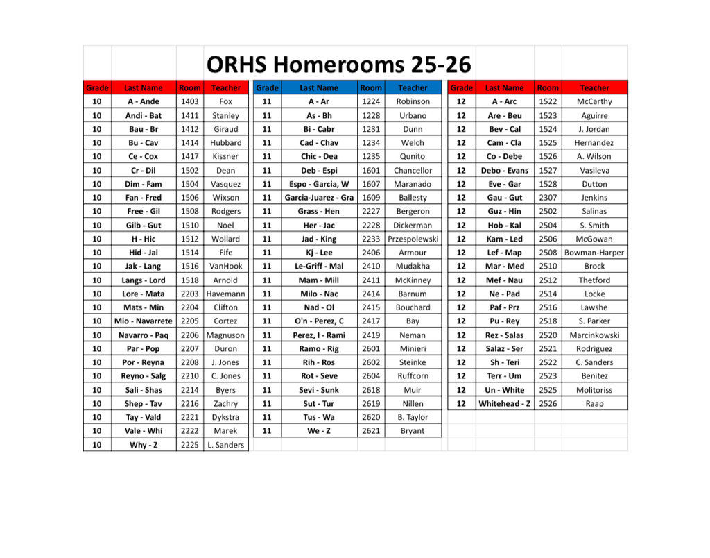 Homeroom schedule