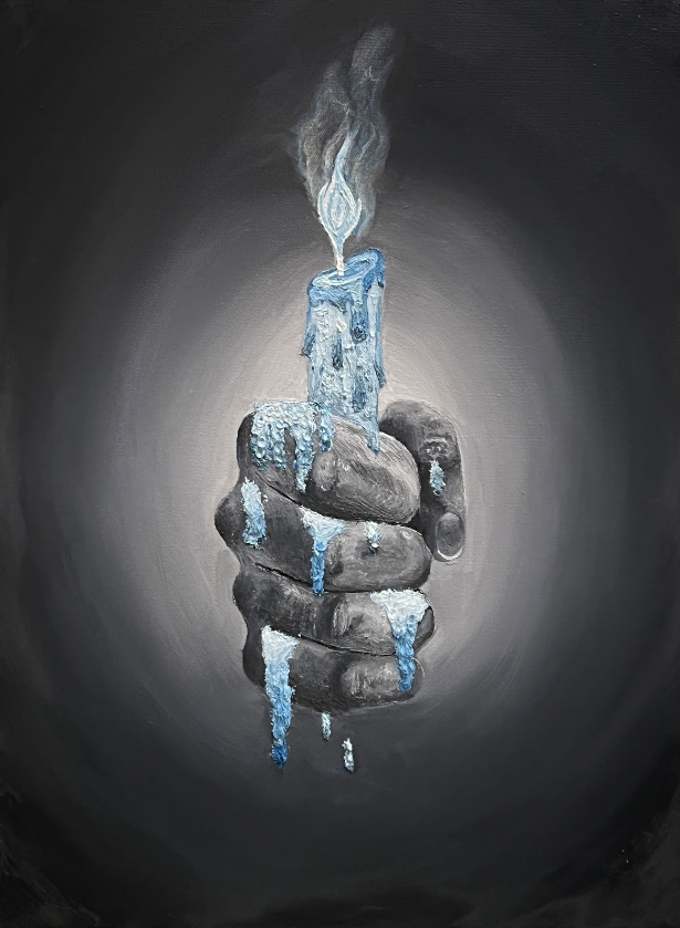 Painting of a hand olding a melting candle