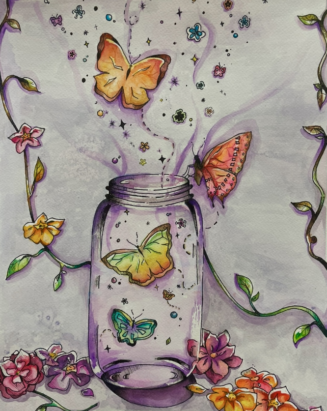 Butterflies in a glass jar