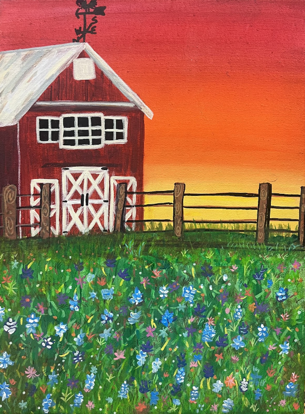 Painting of a red barn with wildflowers