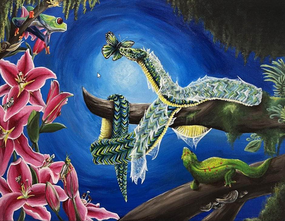 Art of a snake, frog, butterfly and lizard