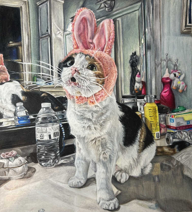 Drawing of a cat wearing bunny ears on a bathroom counter