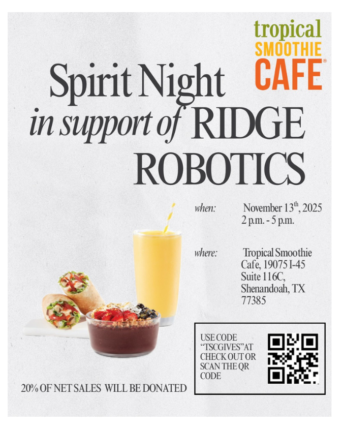 Ridge Robotics Fundraiser today 2 - 5 PM at Tropical Smoothie Shenandoah.