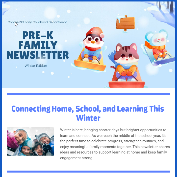 Conroe ISD Early Childhood Department Pre-K Family Newsletter Winter Edition