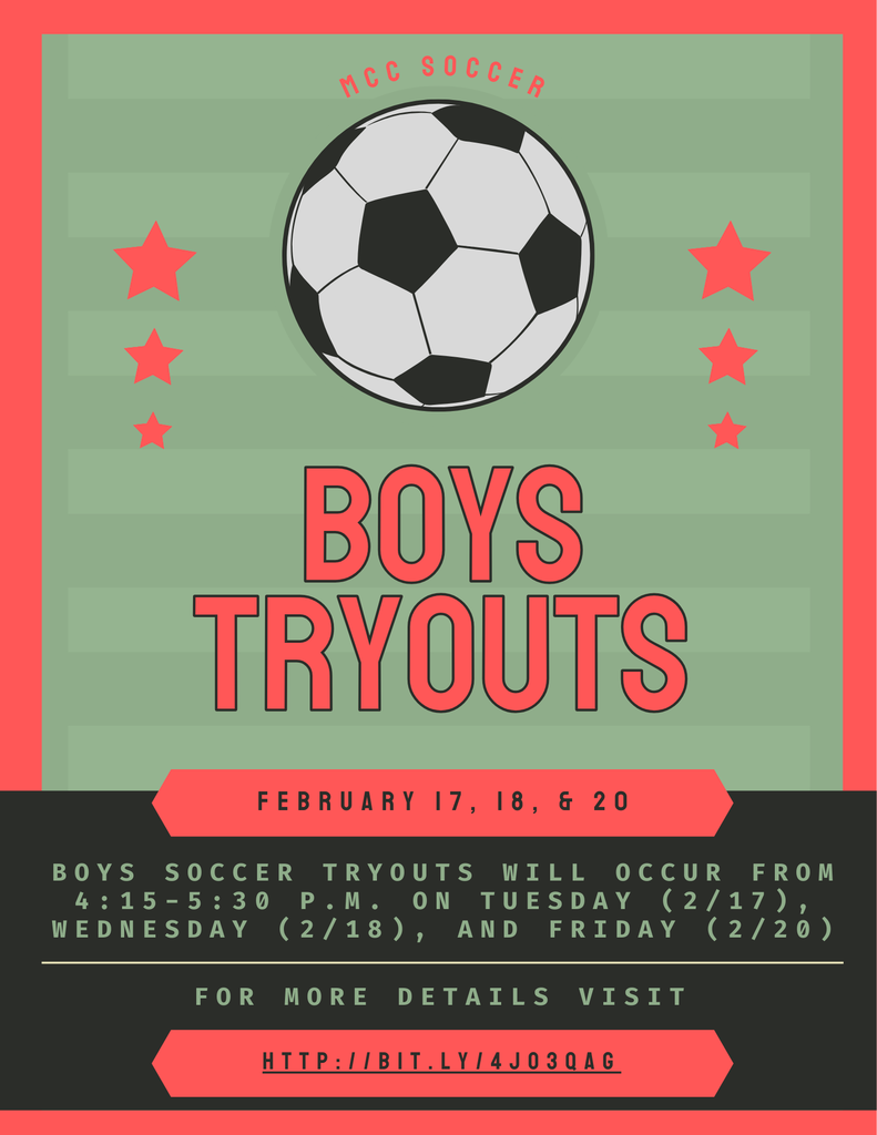 Spring 2026 Boys Soccer Tryout Information for 7th and 8th grade - Visit http://bit.ly/4jo3QAg for more information.