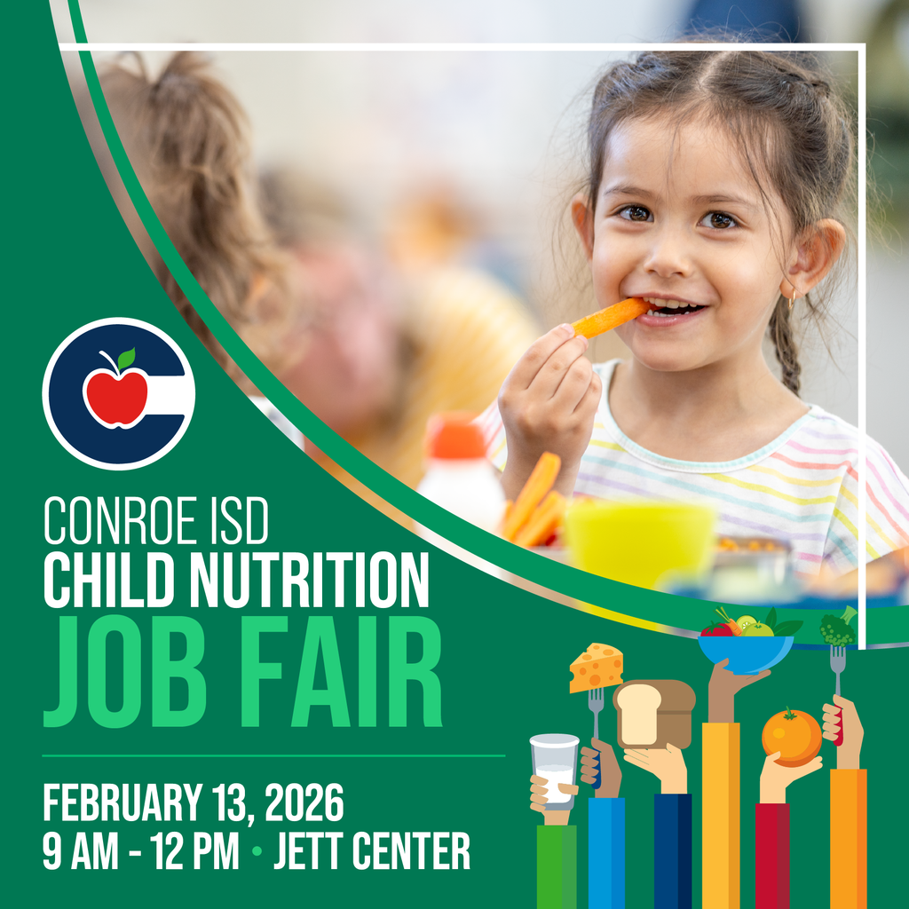 Girl eating a carrot. Conroe ISD Child Nutrition Job Fair. February 13, 2026. 9 a.m. - 12 p.m. Jett Center.