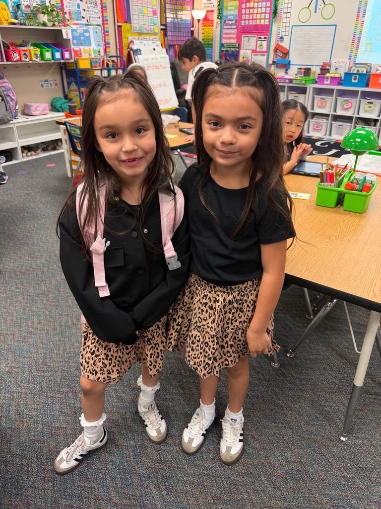 Two girls in matching outfits and hairstyles, standing together in the classroom and smiling.
