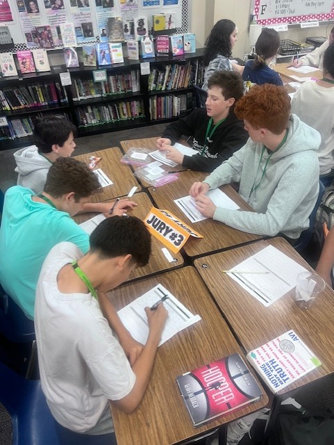 Mrs. McGowan's 8th Grade Language Arts students served jury duty today to examine evidence and deliberate verdicts of court cases after finishing reading the play 12 Angry Men.