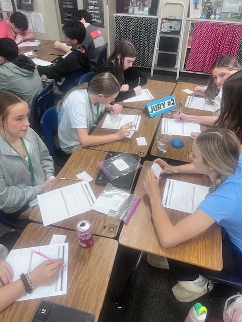 Mrs. McGowan's 8th Grade Language Arts students served jury duty today to examine evidence and deliberate verdicts of court cases after finishing reading the play 12 Angry Men.