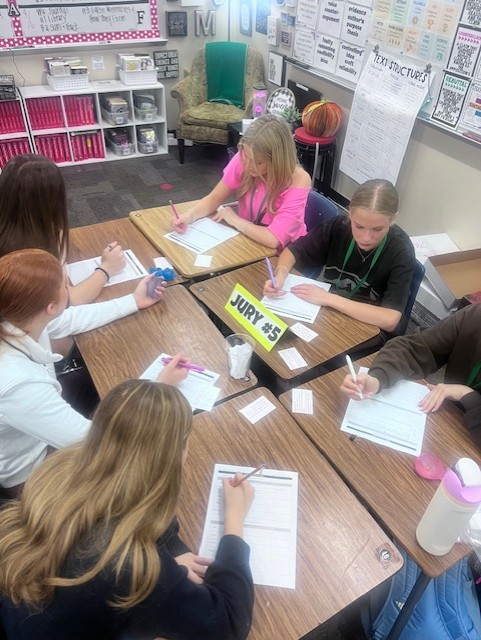 Mrs. McGowan's 8th Grade Language Arts students served jury duty today to examine evidence and deliberate verdicts of court cases after finishing reading the play 12 Angry Men.