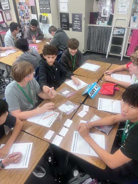 Mrs. McGowan's 8th Grade Language Arts students served jury duty today to examine evidence and deliberate verdicts of court cases after finishing reading the play 12 Angry Men.