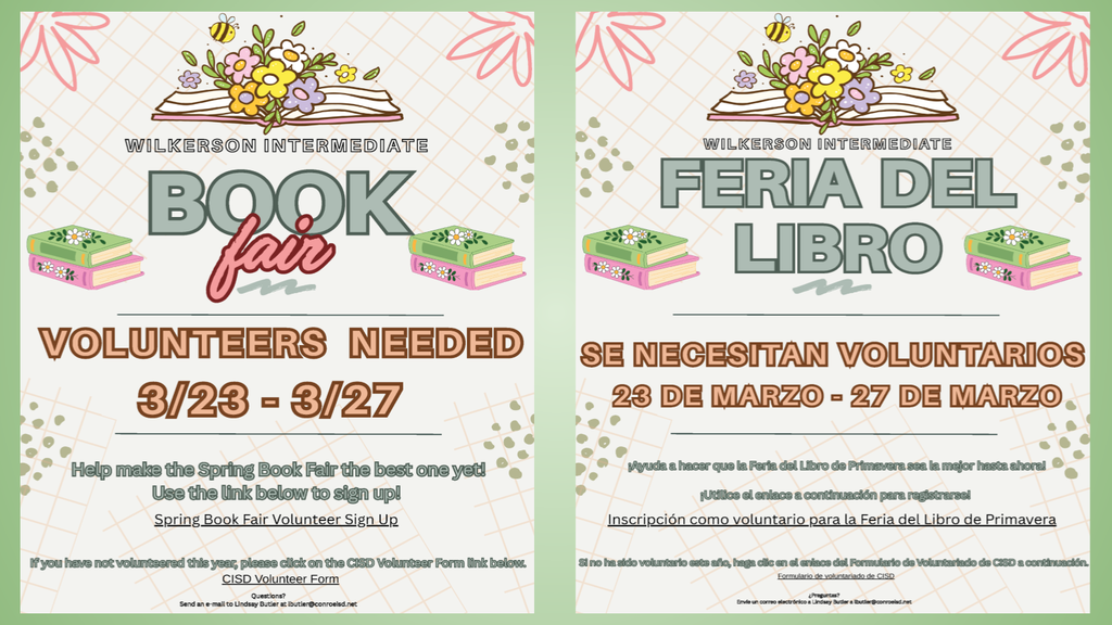 Help make the Wilkerson Spring Book Fair a success! Use the link below to sign up https://www.signupgenius.com/go/4090448A8A82EA31-62696521-spring