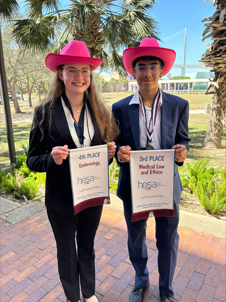 22 Students at The Woodlands High School traveled to HOSA State competition in Corpus Christi. Hadley Teuscher (10th grade) placed 4th in Epidemiology, and Vivaan Jain (10th grade) placed 3rd in Medical Law and Ethics- Advancing to International Competition. Gauri Garg placed top 10 in Leadership and Chemistry. Our chapter earned a bronze award for blood drive. Great work!