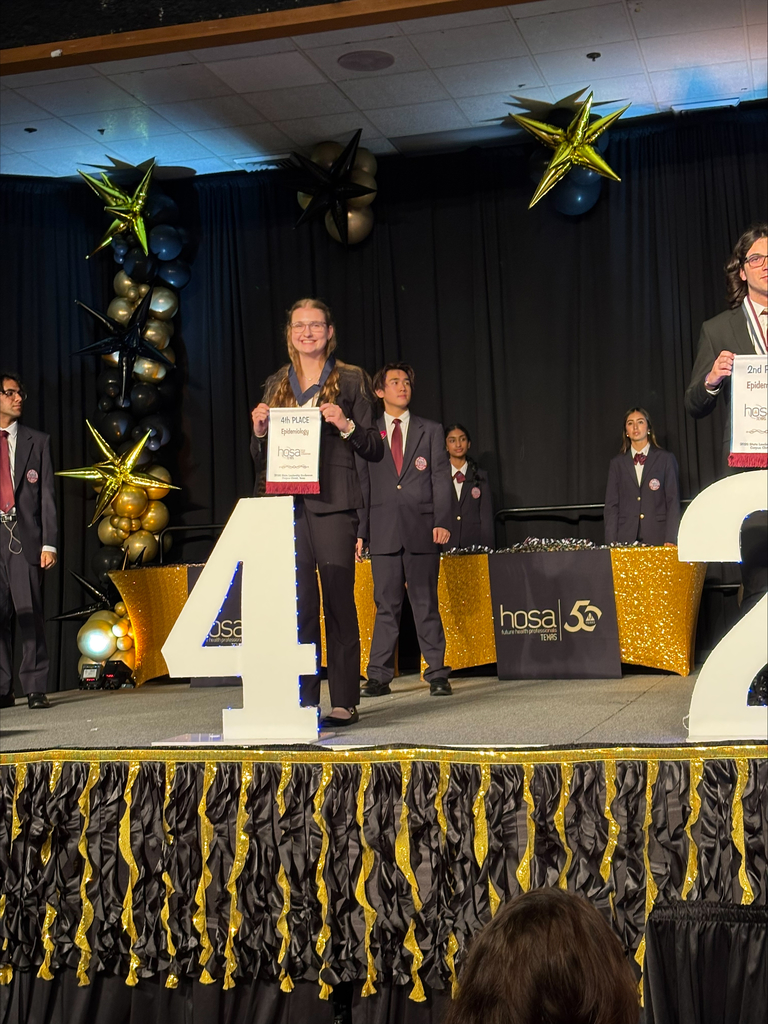 22 Students at The Woodlands High School traveled to HOSA State competition in Corpus Christi. Hadley Teuscher (10th grade) placed 4th in Epidemiology, and Vivaan Jain (10th grade) placed 3rd in Medical Law and Ethics- Advancing to International Competition. Gauri Garg placed top 10 in Leadership and Chemistry. Our chapter earned a bronze award for blood drive. Great work!