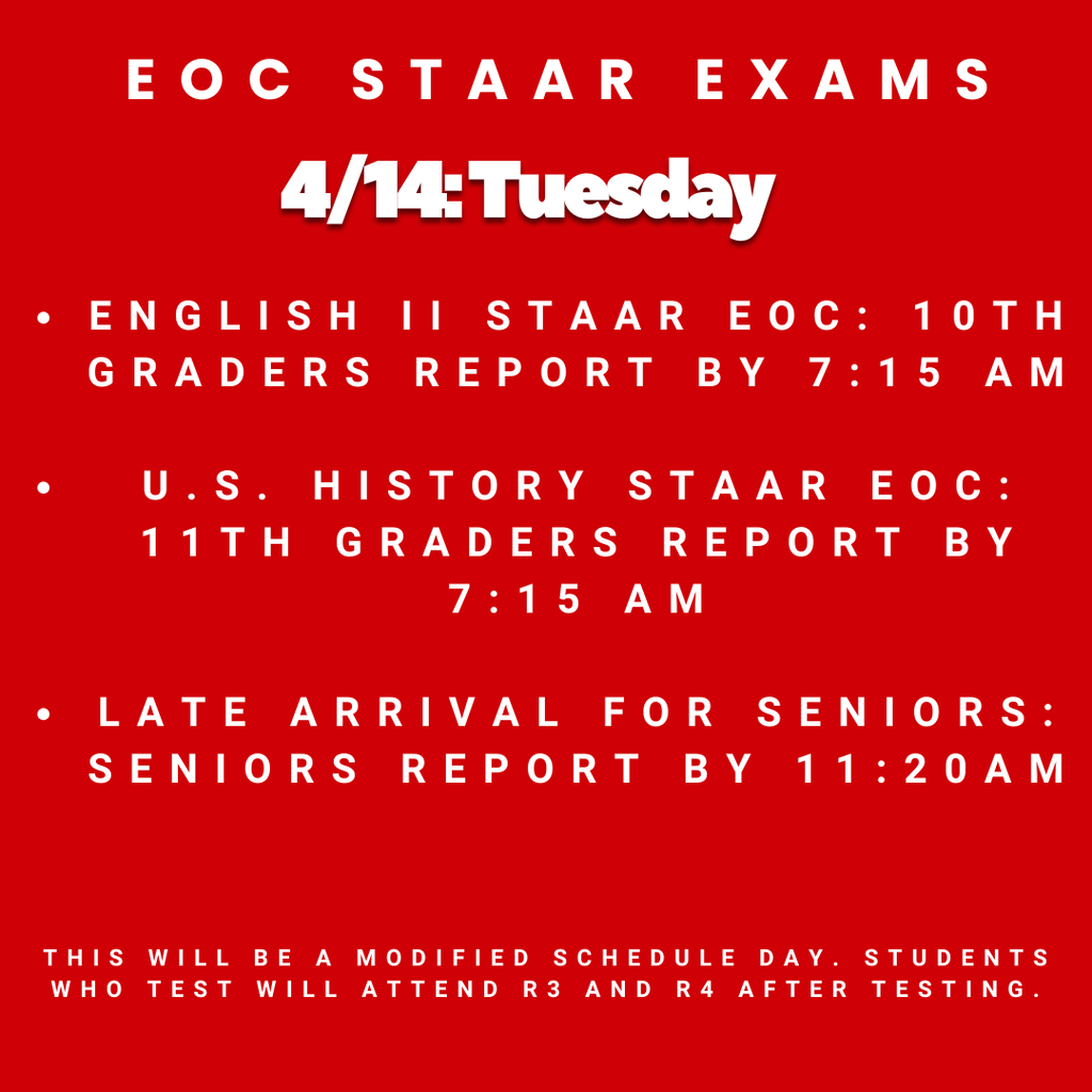 TWHS 10th and 11th graders - Mark your calendar for the End of Course STAAR exams. 