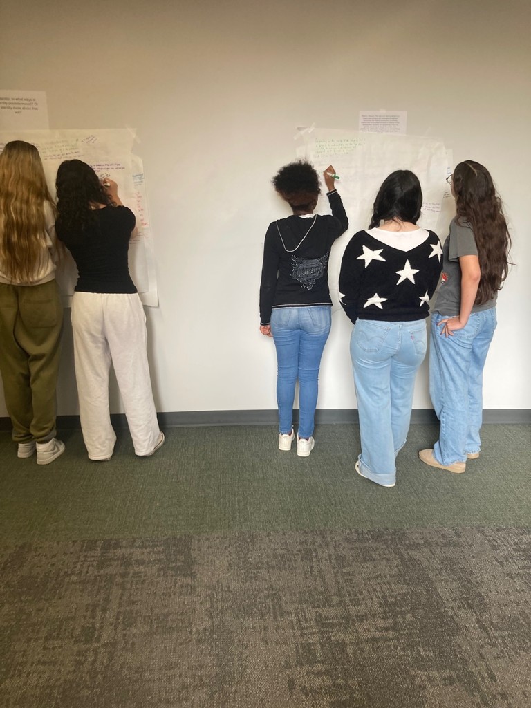 Seniors working on a gallery walk discussing ideas/topics in our next novel.