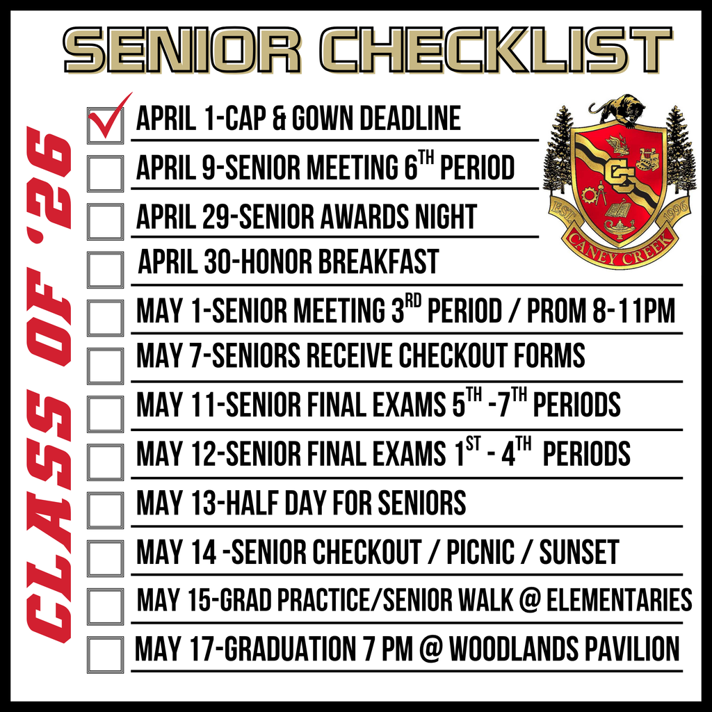 Senior cap and gown deadline has passed. Senior meeting next Thursday April 9th.