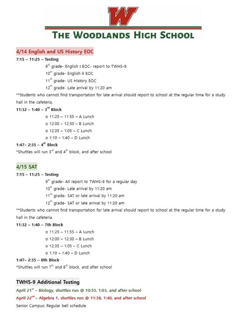 Bell Schedule for 4/14 and 4/15