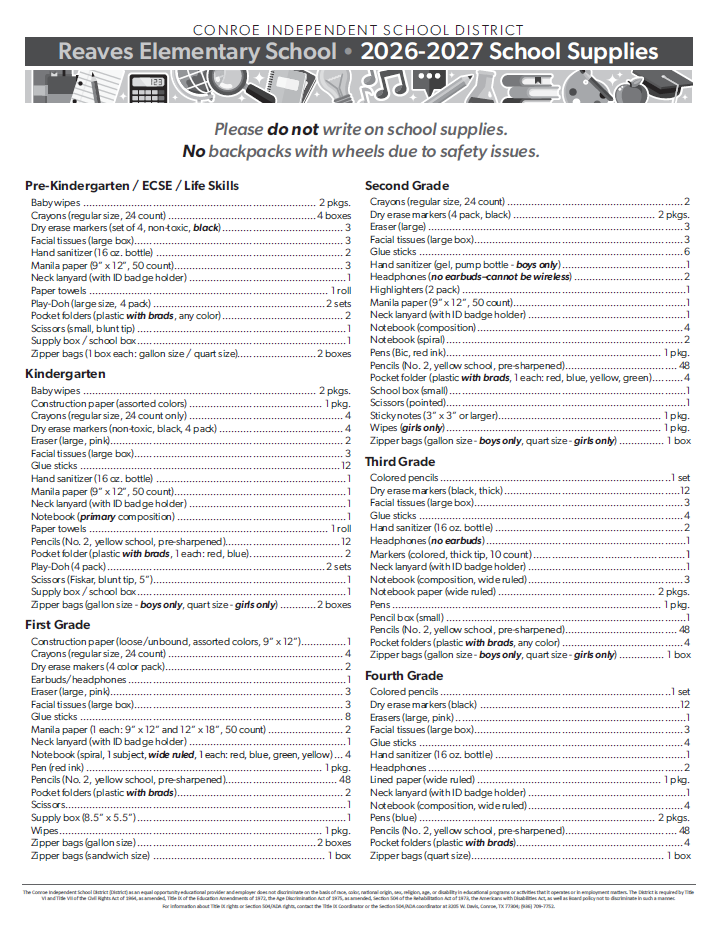Reaves Elementary School • 2026-2027 School Supplies