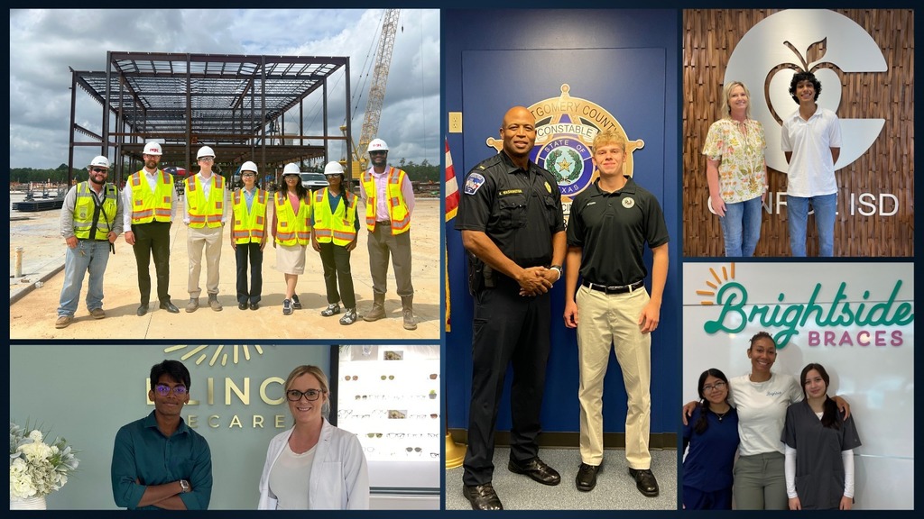 Collage of intern opportunities -- studnets at a construction site, student withe police officer, student with staff member in front of district logo, students with an orthodontist, student with a an optometrist.