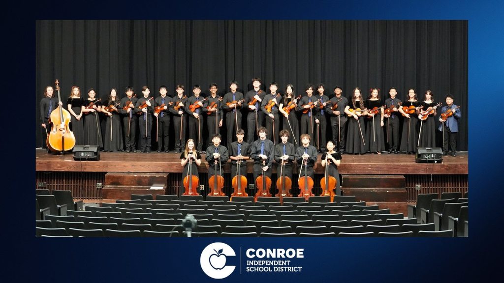 Full string section in black attire on stage.