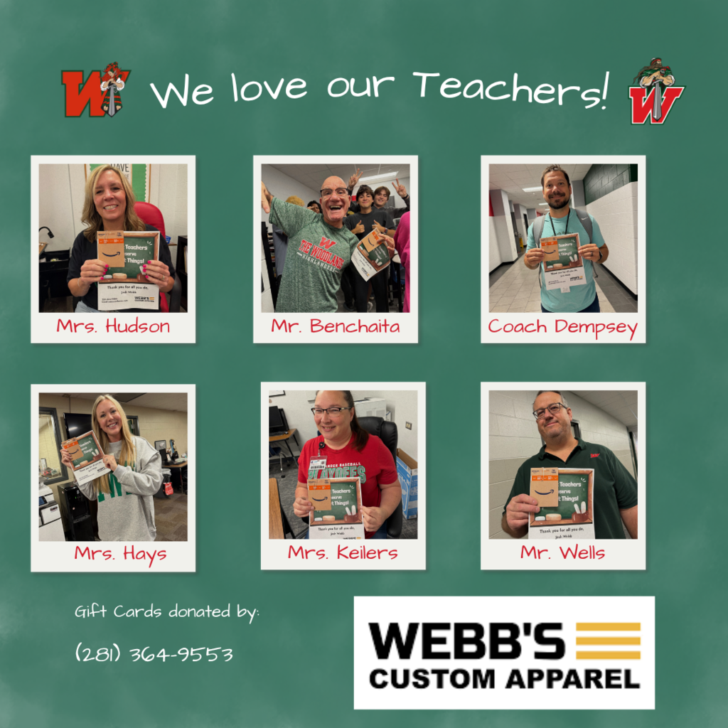 Today was the final day of the DECA Gift Card Giveaway and we went out with a bang. This week we were able to gift 34 teachers over $600 in gift cards and none of that would have been possible without our incredible sponsors.  A huge thank you to Goodall Plumbing, Air Woodlands, Sean Meyers Insurance Services, Lindsey's Native Plants, Kendra's Kreations, Local Heritage Benefits, Revolution Power Sports, Webbs Custom Apparel & DECA for making this week so special for our teachers.   Now let's celebrate today's final winners! 🏆  DECA $25 Gift Card Winners: Ms. Alexander Ms. Hamel Mrs. Steele Mrs. Rogers-Wilson Mrs. Razo  Webbs Custom Apparel $10 Amazon Gift Card Winners: Mrs. Hudson Mr. Benchaita Coach Dempsey Mrs. Hays Mrs. Keilers Mr. Wells  To every teacher at The Woodlands High School!  We see you, we appreciate you, and we're grateful for everything you do every single day. 🧡