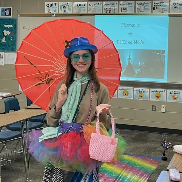 Freshmen students having fun during their Fashion Show speaking test for Level 1 French 🥐🇫🇷😎  