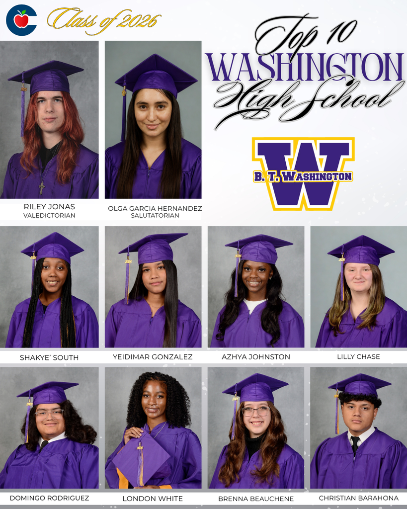Graphic featuring the “Top 10” students for Washington High School Class of 2026. The design includes the Washington High School logo and formal senior portraits of ten students arranged in a grid on a gray and white background.