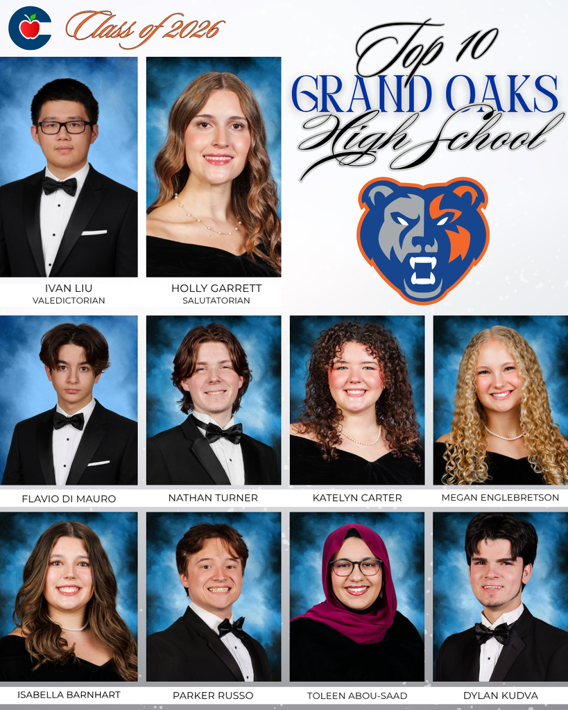Graphic featuring the “Top 10” students for Grand Oaks High School Class of 2026. The design includes the Grand Oaks High School logo and formal senior portraits of ten students arranged in a grid on a blue and white background.