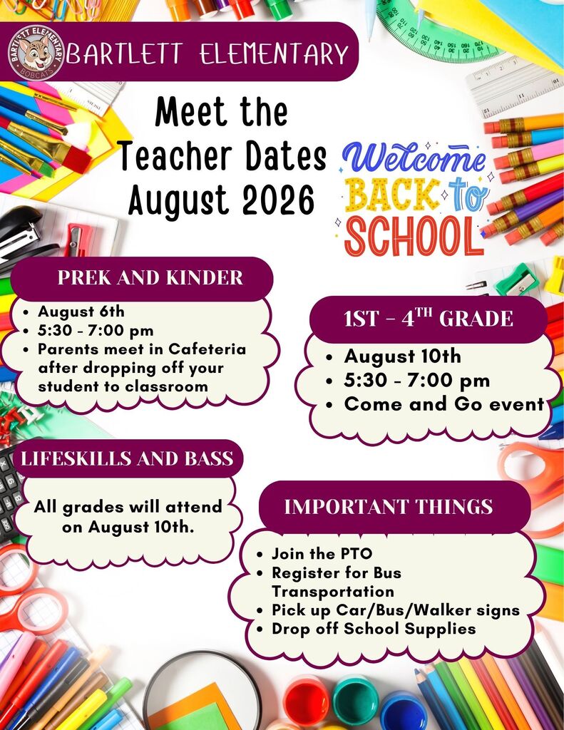 Meet the Teacher Dates:  1st through 4th Grade:  August 10th 5:30 - 7:00p,  PreK and Kinder:  August 6th 5:30 - 7:00 pm