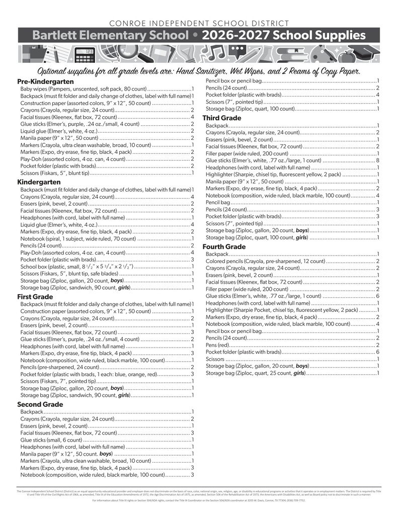 2026-2027 School Supply List by grade level