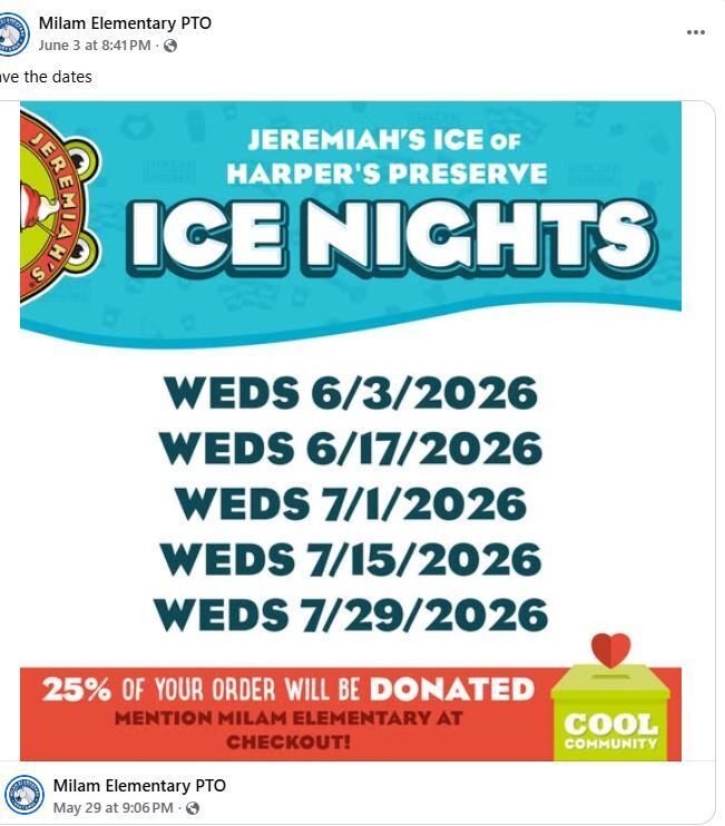 Dates for Jeremiah's Ice PTO Spirit nights for the summer.  
