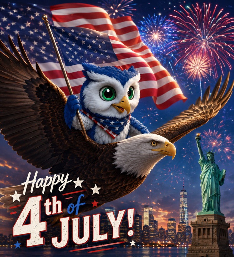 owl flying on Eagle carrying flag and near Statue of Liberty