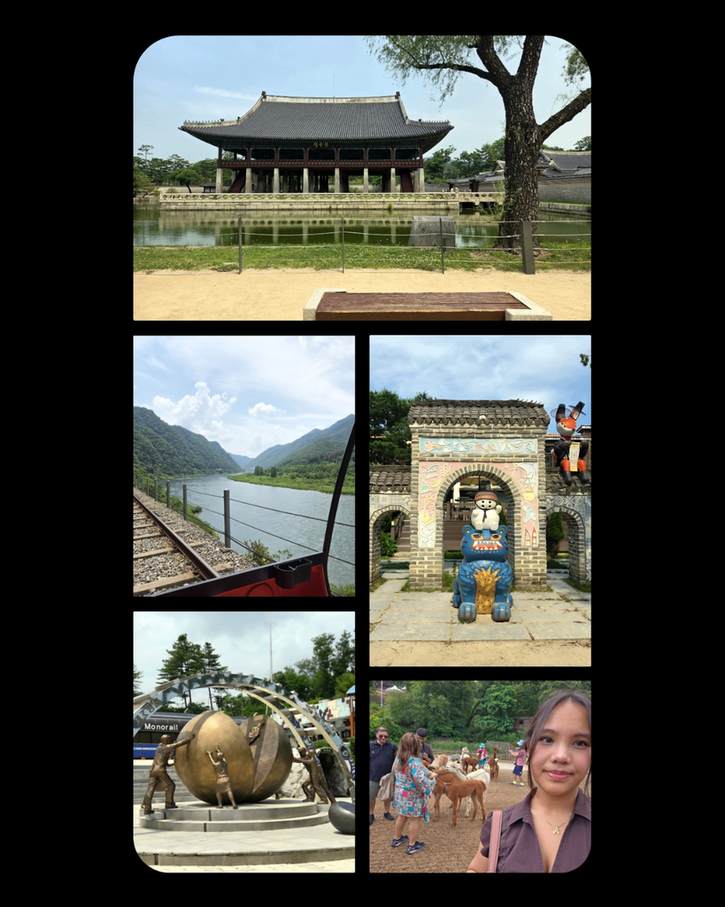 Collage of Korea sights including The DMZ, Gyeongbokgung Palace, Alpaca World with student in the foreground, and Nami Island