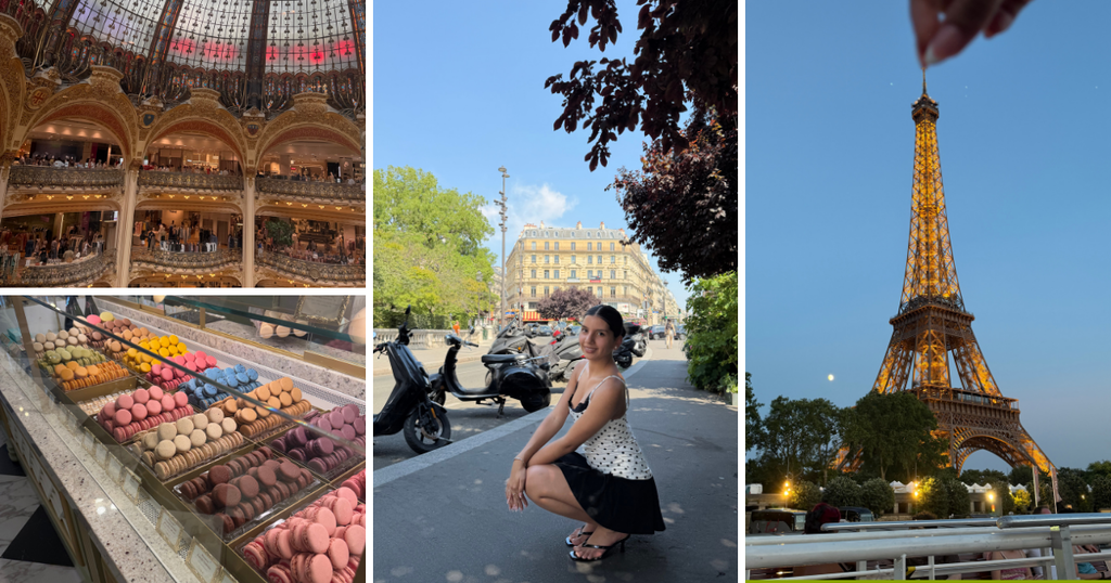 Collage of Paris sights and the student on the streets of Paris. Including Galleries Lafayette, the Eiffel Tower, colorful macarons, and 
