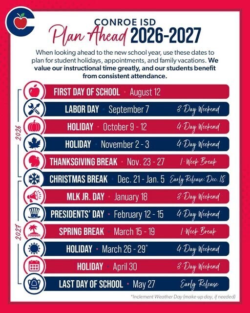 This is a red, white and blue image that lists important dates for the school year.