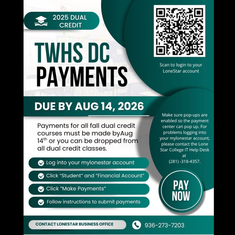 Payments are now due for all FALL Dual Credit courses!